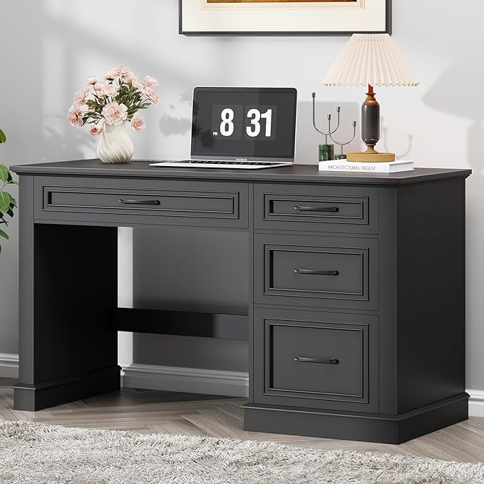 Farmhouse 47" Executive Desk, Computer Desk with Drawers and File Drawer, Workstation Computer Desk with Charging Station for Home Office, Study.（Pure Black）