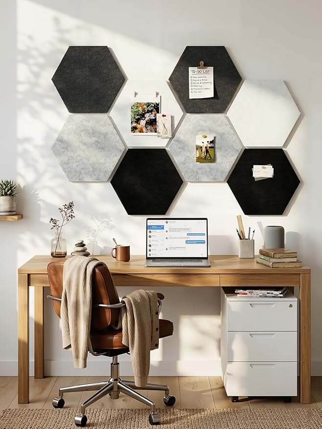8 Pack Hexagon Felt Bulletin Board Tiles - 11.8" Large Thick Pin Board for Walls with 30 Push Pins, DIY Boards for Office Home School Decor, Aesthetic Hex Cork Board Alternative