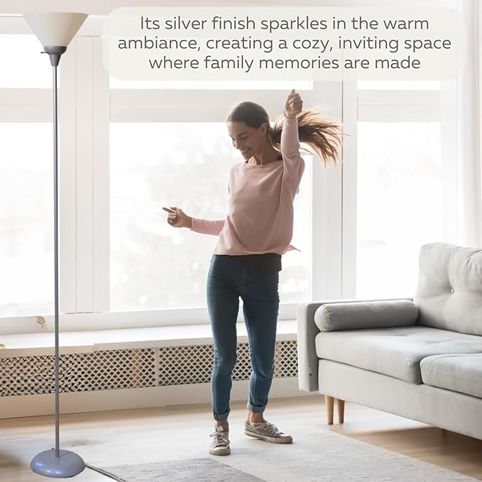 LIGHTACCENTS Mary Torchiere Floor Lamp – Silver Standing Lamp with White Shade and Rotary Switch, Modern Pole Light for Living Room, Bedroom, Office, or Dorm – Slim Minimalist Design