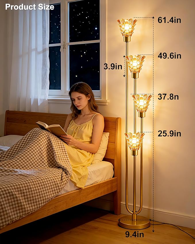 63IN 4-Lights Glass Floor Lamp Modern Dimmable Floor Lamps with Brown Glass Shade& 3000K Soft Warm White Bulbs for Wedding/Party, Gold Tall Standing Lamp for Living Room/Bedroom