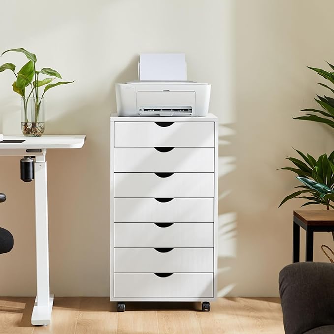 NEWBULIG 7 Drawers File Cabinet Under Desk Storage with Wheels Small Rolling Office Filing Cabinets Chest of Dawers for Home Office White