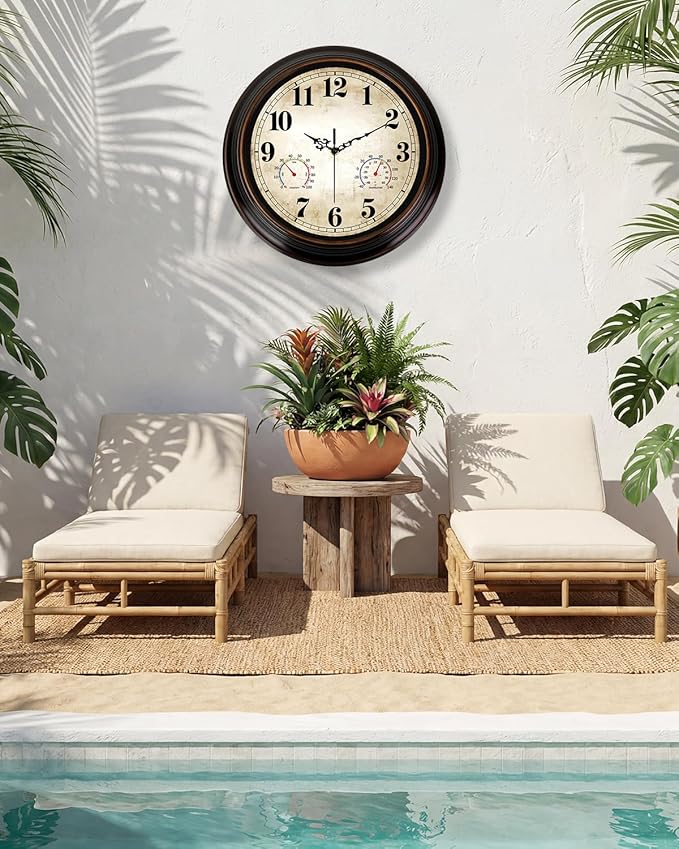 Vintage Wall Clock 16 Inch Quartz Silent Non-Ticking Analog Clock with Thermometer and Hygrometer, Battery Operated Rustic Round Decorative Clock for Living Room Home Office Classroom