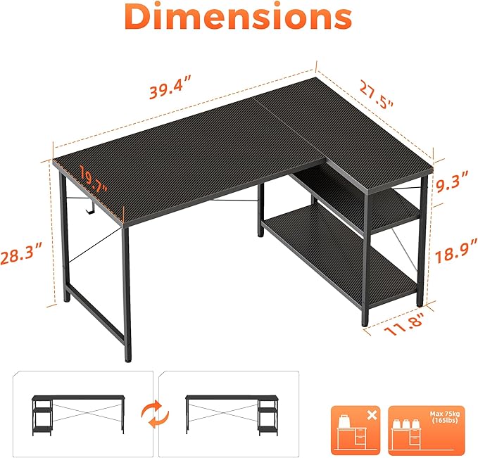 Mericonia Small L Shaped Computer Desk, Reversible Gaming Desk with Storage Shelves, Corner Gamer Desk Table, Study Writing Table