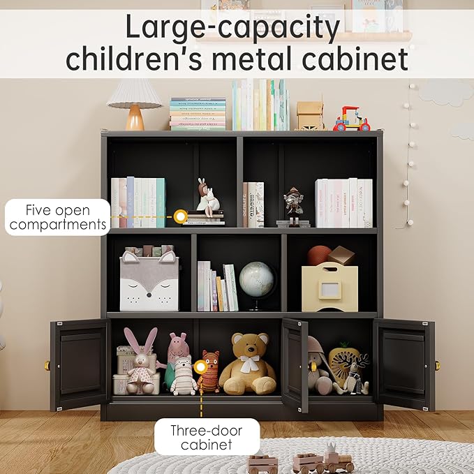 Kids Bookshelf and Toy Storage Organizer with 3 Cabinet and 5 Open Cubbies，Kids Toys Storage Organizer Shelf with Corner Guard，Multifunctional Floor Chest for Playroom and Kid's Room（Black）