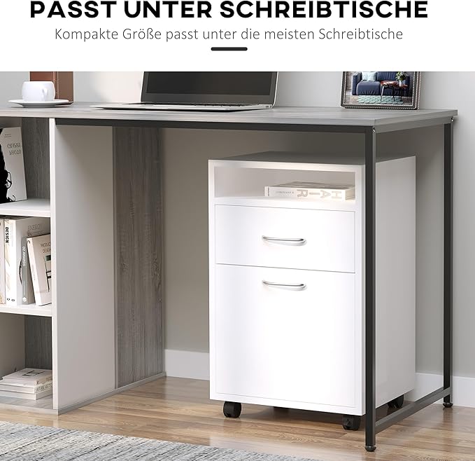 HOMCOM Rolling File Cabinet with Shelf, Office Container with Drawer, Office Cabinet, Storage Container for Office, Study, White, 40 x 35 x 60 cm