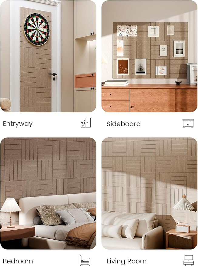 Bumusty Large Cork Board Alternative-48 x 36" Felt Bulletin Board Tiles, with 30 Pushpins, 70 Adhesive Tabs, 12-Pack Slat Wall Paneling, Cork Boards for Office Push Pin Board Felt Board-Taupe