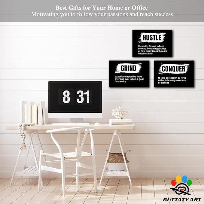 Office Wall Art - 3 Panel Motivational Wall Art, Inspirational Quotes Canvas Art for Home Office Wall Decor, Positive Quotes Wall Decor, Entrepreneur Grind Hustle Execution Poster Frame (12”x18”x3Pcs)