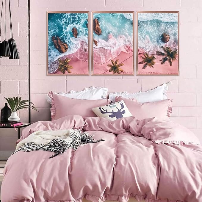 3Pcs Pink Beach Canvas Wall Art Tropical Coastal Palm Trees Wall Decor Pictures Preppy Ocean Wave Landscape Posters Prints for Living Room Bedroom Teen Girls Room Artwork Home Decoration Unframed