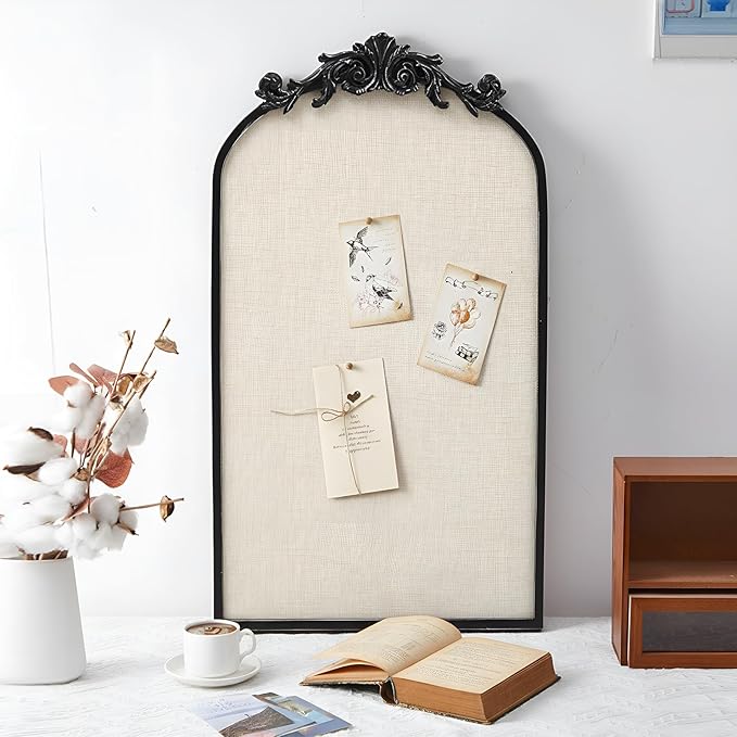 Vintage Framed Pin Board Linen Display Bulletin Board Large Cork Fabric Picture Photo Pinboard Memo Ornate Decorative Pinboard Ornate for Wall Gift(Arch,13" X 25",Retro Black)