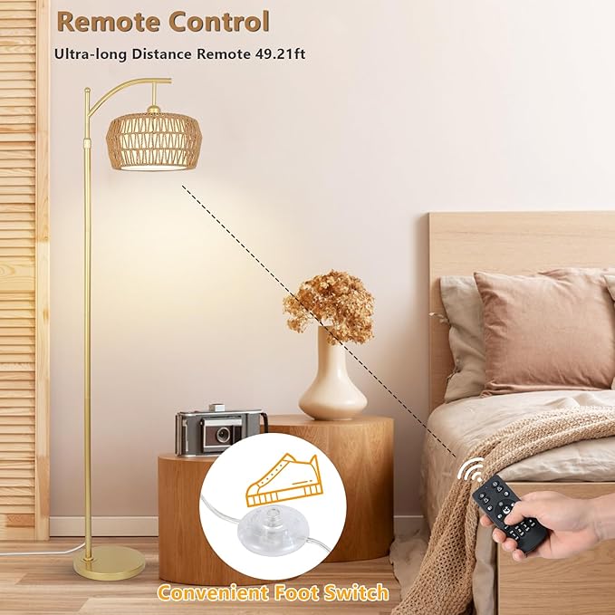Gold Floor Lamps for Living Room, Boho Rattan Floor Lamp with Remote and Dimmable Bulb, 3 Color Temperatures, Modern Arc Standing Lamp with Wicker Shades, Farmhouse Tall Lamp for Bedroom