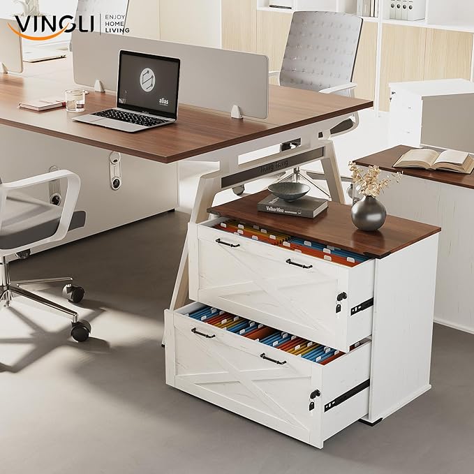VINGLI 2 Drawer File Cabinet with Lock, Home Office Filing Organizer, for Letter Legal A4 Size File Folder Storage, Modern Farmhouse, Wood Lateral Filing Cabinet, Archivador (Rustic White & Brown)