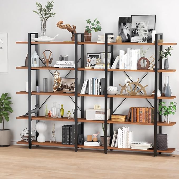BATHWA Wood and Metal Minimalist 5 Tier Bookshelf, 6 feet Tall Open Rustic Wide Bookcase Industrial Style, Modern Wooden Big Book Shelf for Home Living Room Bedroom Office Storage, Rustic Brown