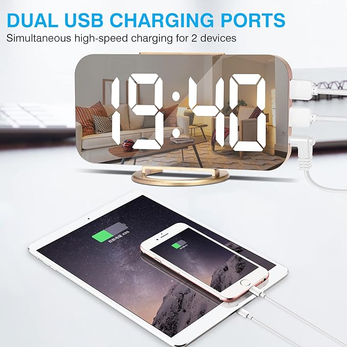 Sukeen Digital Alarm Clock,6" Large LED Display with Dual USB Charger Ports | Auto Dimmer Mode | Easy Snooze Function, Modern Mirror Desk Wall Clock for Bedroom Home Office for All People (Gold)