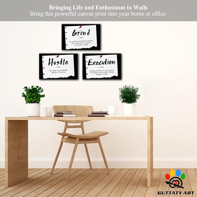 Office Wall Art - 3 Panel Motivational Wall Art, Inspirational Quotes Canvas Art for Home Office Wall Decor, Positive Quotes Wall Decor, Entrepreneur Grind Hustle Execution Poster Frame (12”x18”x3Pcs)