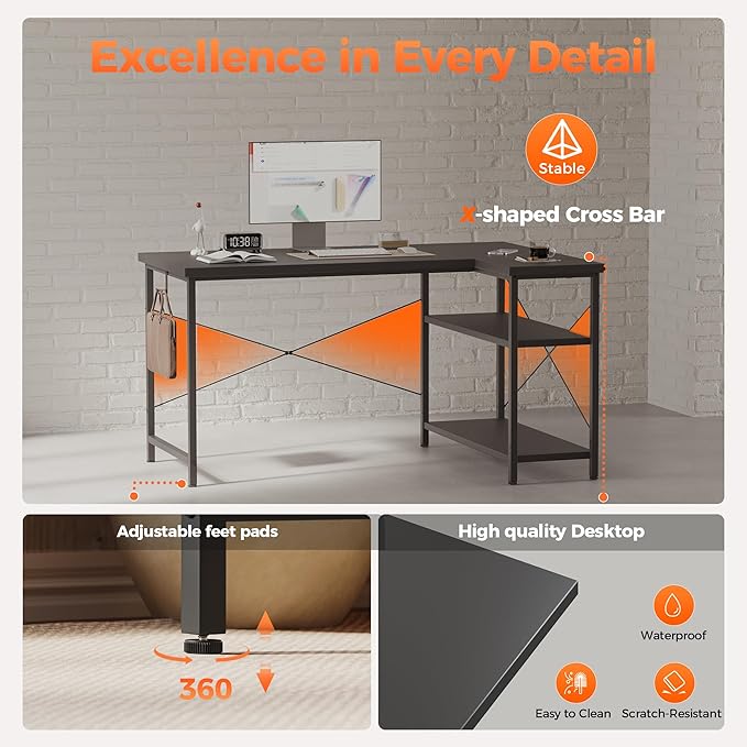 Mericonia Small L Shaped Computer Desk, Reversible Gaming Desk with Storage Shelves, Corner Gamer Desk Table, Study Writing Table