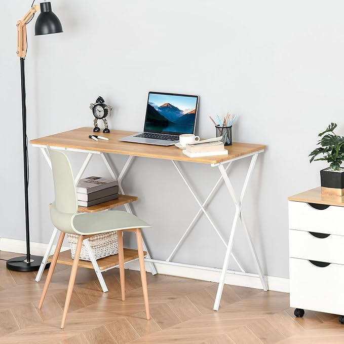 HOMCOM Computer Desk with Storage Shelves, Writing Desk for Home Office, Study Workstation, Natural