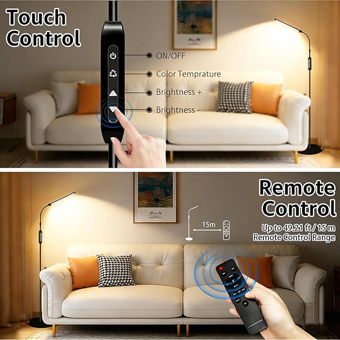 15W LED Floor Lamp with Stepless Adjustable 3000K-6000K Colors and Dimmer, LEDs Lash Lamp Tattoo Light Makeup Light, 360° Gooseneck Standing Light for Living Room, Bedroom, Office (Remote & Touch)