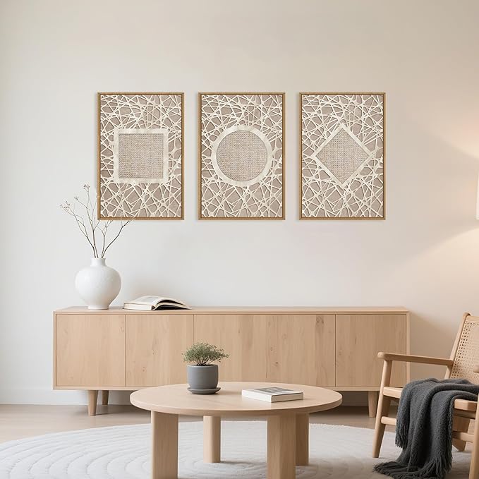 Aryroi Large Abstract Boho Neutral Shapes Framed Canvas Wall Art,Modern Geometric Circle Square Rhombus Wall Decor,Mid Century Artwork for Living Room,Bedroom,Office-16 x24 x3