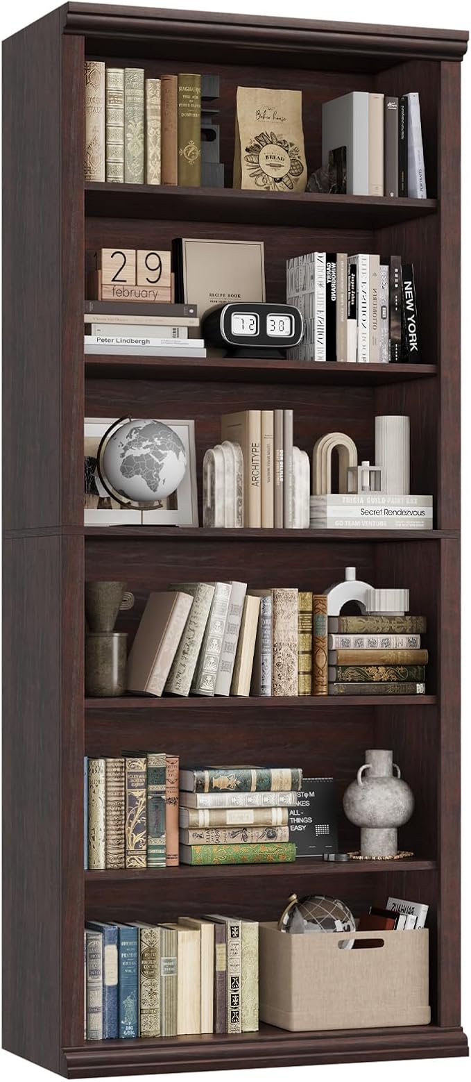 Rresyet Bookcase and Bookshelves, 28" W Tall Bookshelf with Elegant Design, 6 Tiers Spacious Book Storage, Freestanding Book Organizer, Display Library Shelf for Home Office, Living Room & Study Room