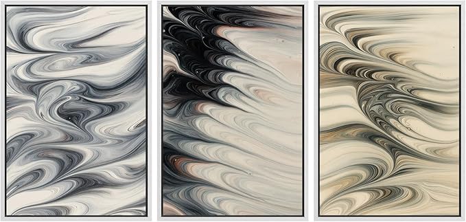 SIGNFORD Framed Wall Art Print Set Neutral Marble Swirl Abstract Elegant Fluid Pattern Digital Art Modern Art Contemporary for Living Room, Bedroom, Office - 16"x24"x3 WHITE