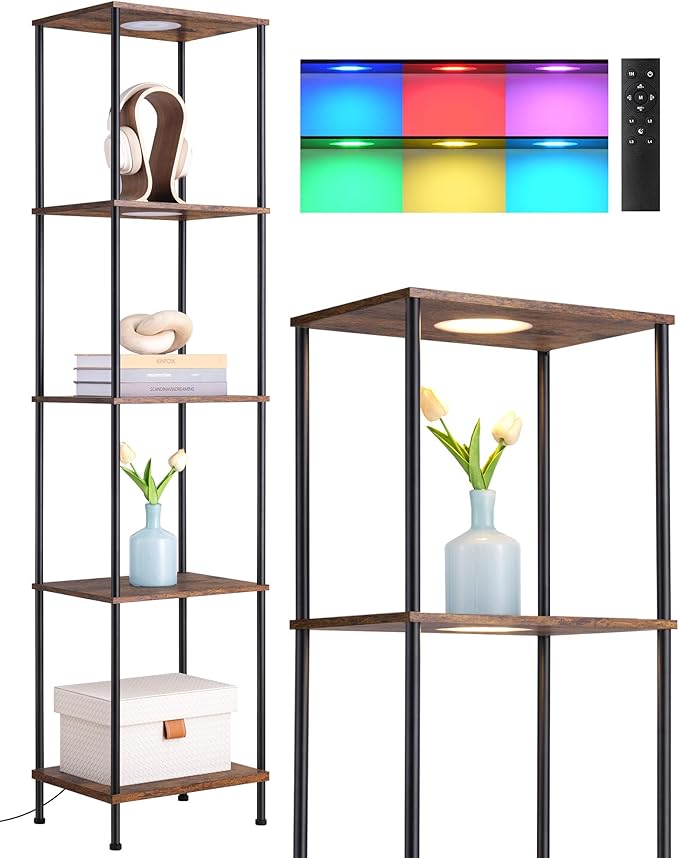 EDISHINE RGBW Standing Lamp, 5-Tier Display Shelf with Light, Adjustable Brightness & Color Temperature, 3 Lighting Modes, Remote Control, Stable Floor Lamps for Living Room, Fire-Burned Wood Color