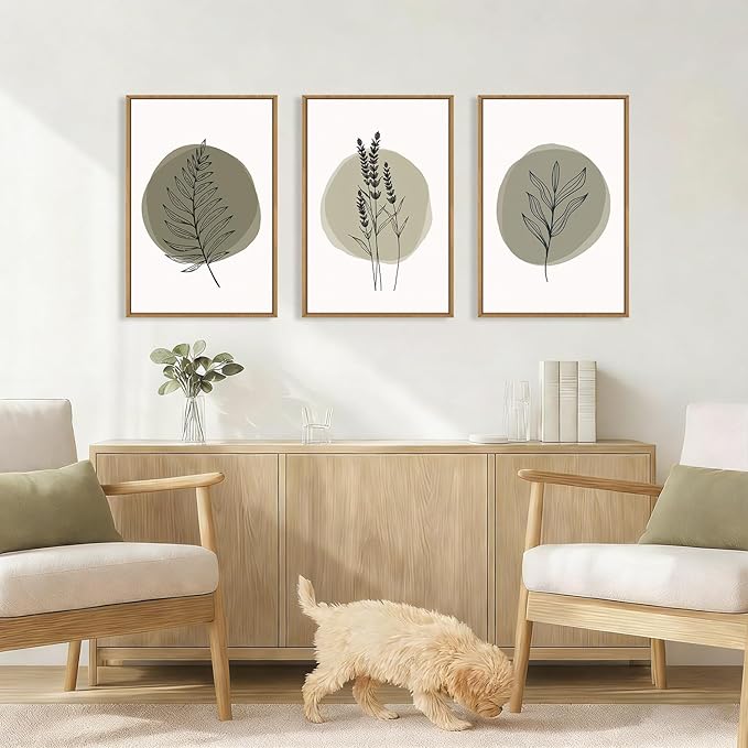 HOURIA Spring Sage Green Leaves Framed Canvas Wall Art Set,Minimalism Boho Leaf Wall Decor, Modern Nature Botanical Wall Painting,Mid Century Plant Art Prints for Living Room,Bedroom,Farmhouse-16"x24"x3
