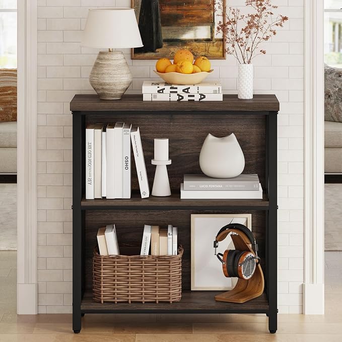FATORRI Small Bookshelf, 3 Shelf Bookcase for Living Room, Low Short Bookshelf, Industrial Wood Book Shelf and Rustic Book Case for Small Space, Home Office (Dark Walnut)