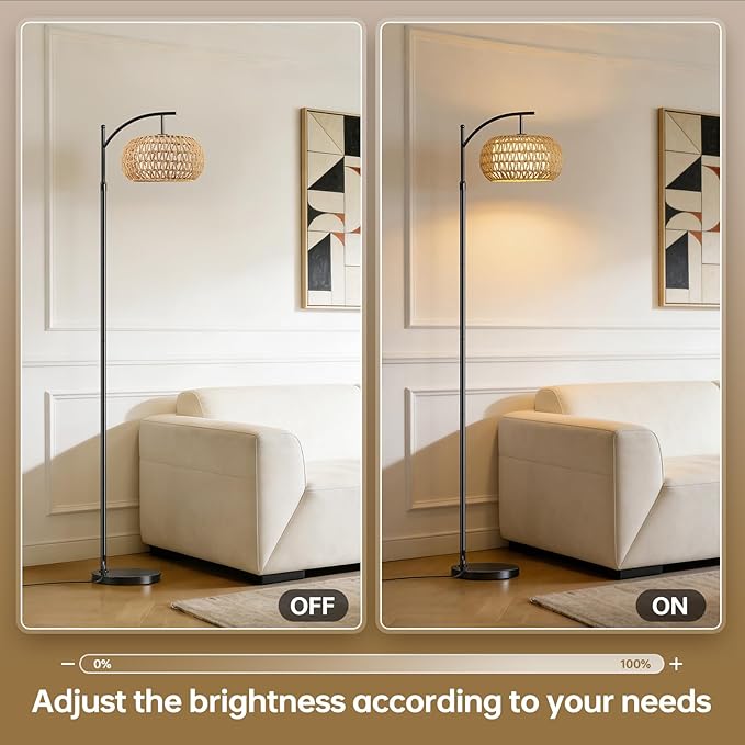 Arc Floor Lamps for Living Room Rattan Boho Floor Lamp with Shade, Boho Standing Lamp with Rattan & Fabric Shades, Adjustable Tall Lamp for Living Room Bedroom
