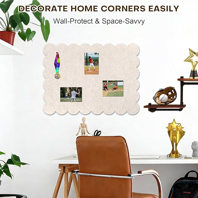 Scalloped Felt Bulletin Board, 36 x 24 Inches Foldable Pin Cork Board with 20 Pushpins - Decorative Cork Alternative for Wall, 3' x 2' Trifold Picture Self Adhesive Vision Prayer Board - Oatmeal