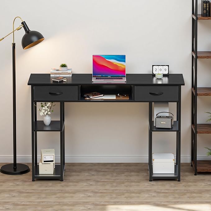 OLIXIS Desk with Storage Fabric Drawers-48 Inch Home Office Computer Desk for Small Space Bedroom,Modern Study Work Gaming Writing Table PC Desks,Chic Black