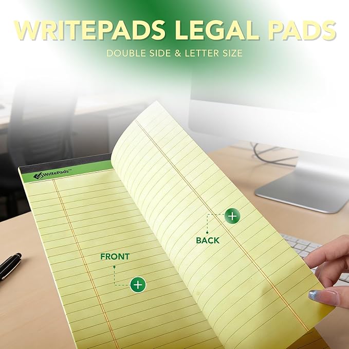 KAISA Yellow Legal Pads 12 pads 600 Sheets 8.5"x14" Writing Pads Recycled Paper 8.5"x14" Wide Ruled Lined Paper Perforated 50 sheets Hard Back Notepads Large Legal Pad Writing Tablet Canary For Office Supplies (Canary 12pads)