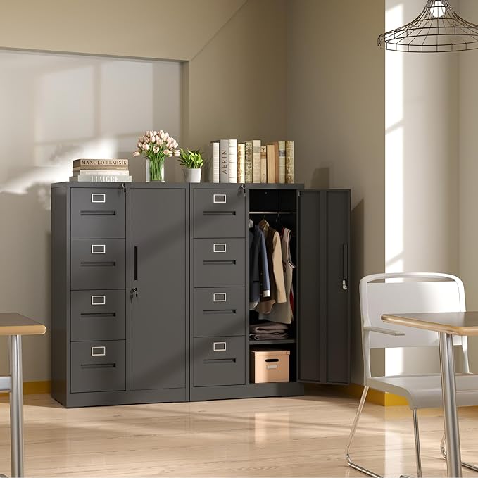 4 Drawer Black File Cabinet with 1 Door,Metal Storage Locker Cabinets for Employees,Home Office Lockable Steel Filing Cabinets for Legal/Letter Size Files, Assembly Required