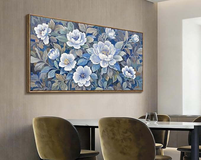 amatop Large Living Room Wall Decor - Floral Canvas Wall Art, Framed Art work, Modern Style Print, Blue Art Decor Picture For Bedroom Dining Room Office 48X24