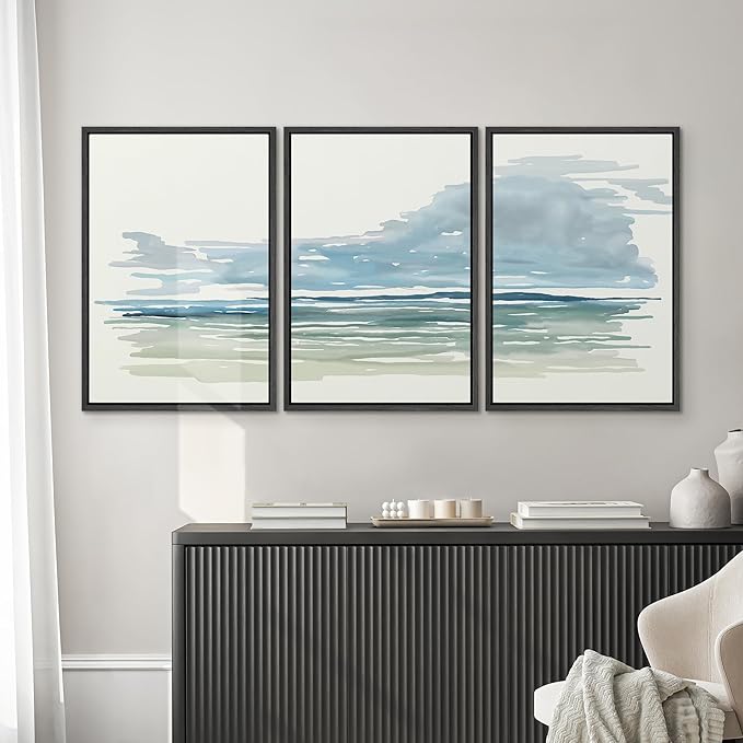 SIGNWIN Framed Canvas Print Wall Art Set Coastal Horizon Watercolor Blue and Green Abstract Ocean Scene Illustrations Modern Art Decorative Abstract for Living Room, Bedroom, Office - 16"x24"x3 Black