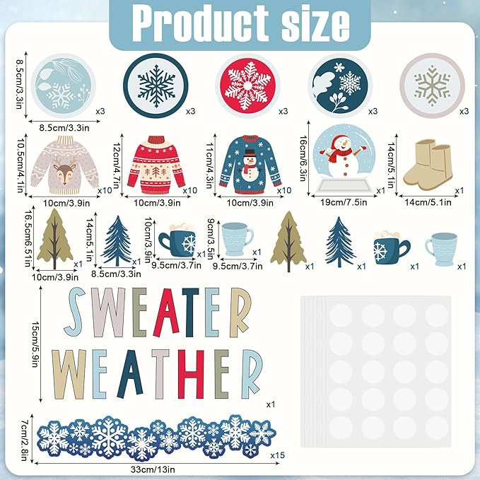 Whaline 85Pcs Winter Bulletin Board Decoration Kit Xmas Tree Snowmen Snowflake Cutouts with Glue Point Christmas Holiday Classroom Bulletin Border Stickers for Home School Office Wall Door Decor