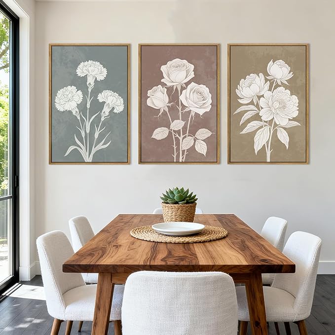 BINCUE Large Neutral Botanical Wall Art Rustic Floral Wall Decor Floral Painting 24x36 Inches Flower Print Flower Artwork Botanical Art Paintings for Living Room Bedroom Bathroom Dining Room Farmhouse Set of 3 Spring Plants Decor