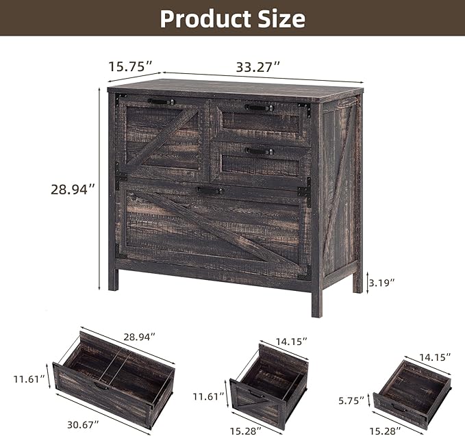 Vabches 4-Drawer Wood Lateral File Cabinet for Hanging Files Letter/A4/Legal Size, Large Farmhouse File Cabinets for Home Office, Printer Stand with Office Cabinets, Office Furniture, Dark Rustic Oak
