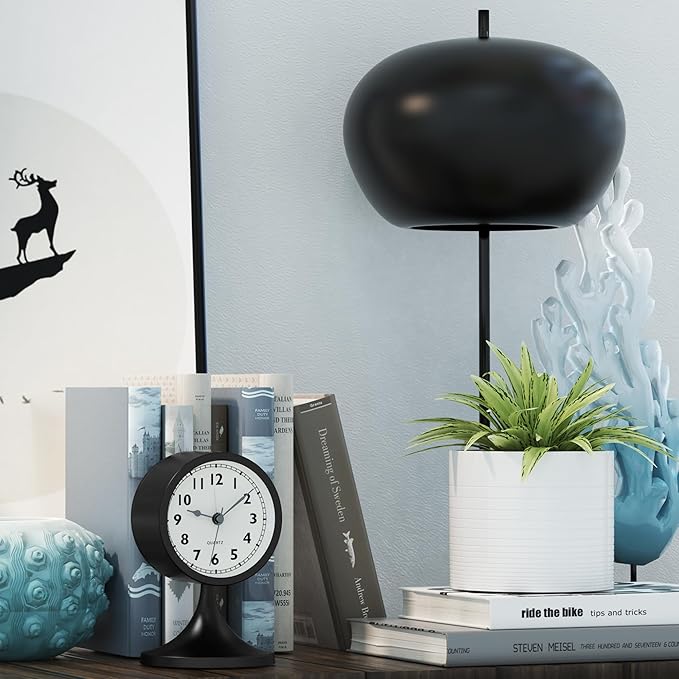 AYRELY® 3" Cute Analog Alarm Clock,Small Retro Table Clock Battery Operated,Slient Metal Desk Clock with Light for Living Room Decor,Bedroom,Bedside,Shelf (Black)
