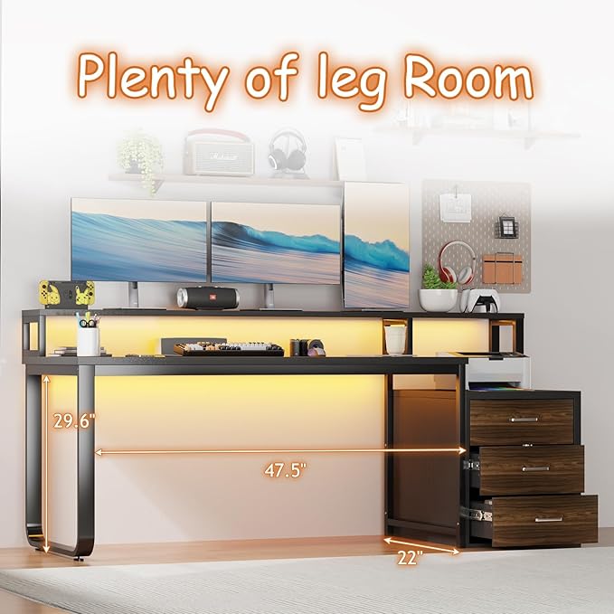 HOMBCK 67" Computer Desk with 3 Drawers, Home Office Desk with Long Monitor Stand and Printer Space, Office Desk with Storage & LED Lights, Writing Desk with Drawers, Black and Walnut