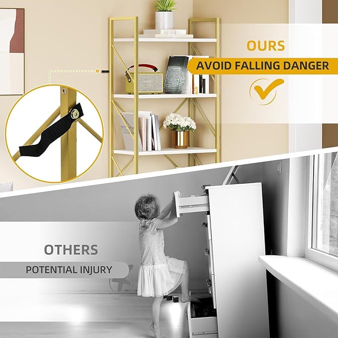 DWVO Gold Bookshelf, Modren 5 Tier Bookcase, Storage Shelves Organizer Standing Shelf, Display Rack Book Shelves for Bedroom,Living Room,Office,Kitchen, Gold
