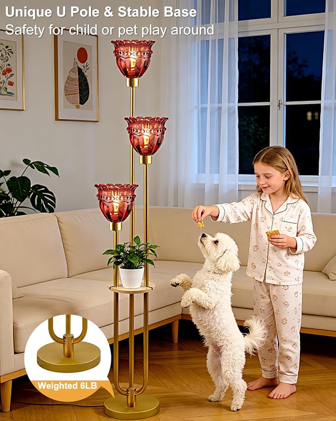 Lightdot 3-Lights Glass Floor Lamp for Living Room Modern Dimmable Gold Floor Lamp with Rose Red Glass Shade & 3000K Bulbs Included Tall Standing Lamp for Bedroom/Sofa Beside/Corner Decor
