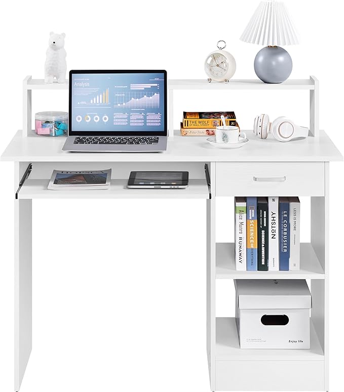 Yaheetech Desk with Keyboard Tray, Home Office Computer Desk Wooden PC Laptop Desk, Morden Sturdy Study Writing Table, White