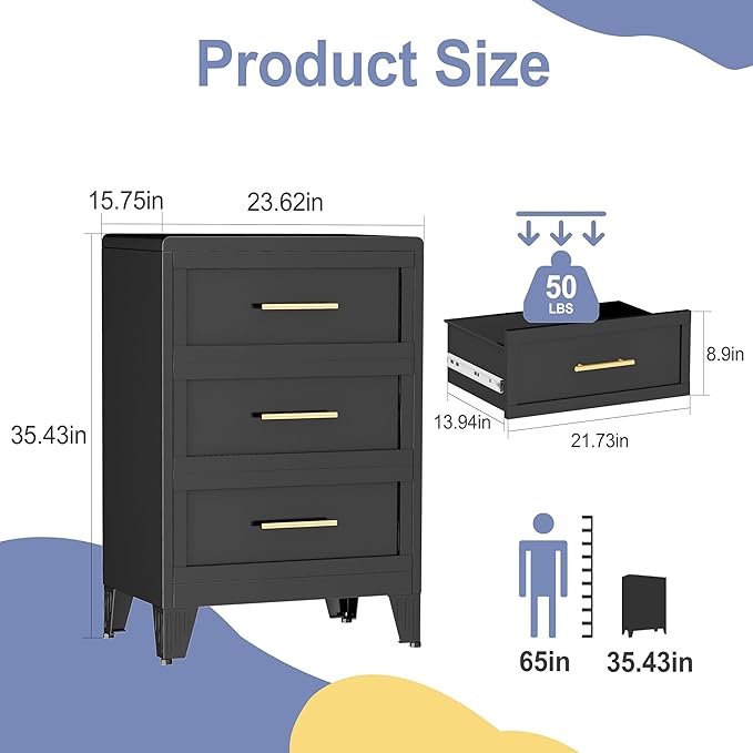 35.43" Tall Dresser for Bedroom 3 Drawers, Metal Dresser Chest of Drawers, Circular Drawer Cabinet for Home,Filing Cabinet with Drawers for Office (White)
