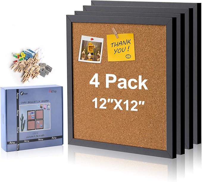 AkTop Cork Board Bulletin Board 12x12, Black Framed Corkboard 4 Pack, Small Square Pin Board for Wall, Mini Thick Cork Tiles with 16 Push Pin Wood Clips for School, Home & Office