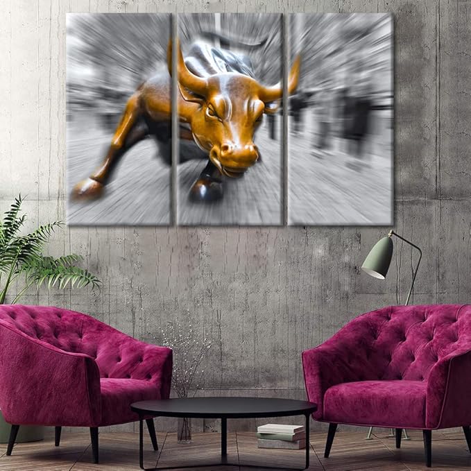 3 Panels Black and White Canvas Wall Art Courageous and Powerful Bull Art Painting on Canvas, Ready to Hang for Living Room Bedroom Office Home Decor With Wood Framed - 42" Wx28 H