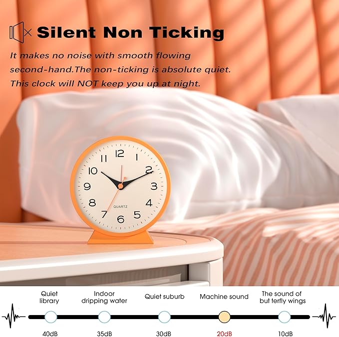 AYRELY® 4.5" Analog Alarm Clock,Small Retro Desk Clock Battery Operated,Slient Metal Table Clock with Light for Living Room Decor,Bedroom,Bedside,Shelf (Orange-Yellow)