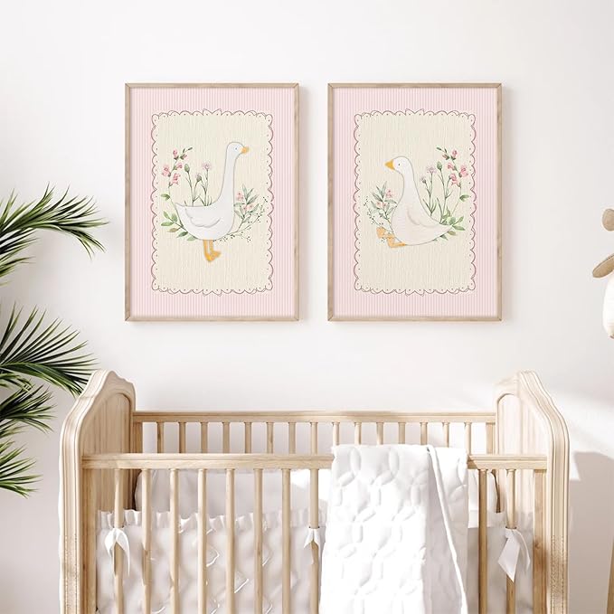 Vintage Nursery Wall Art Silly Goose Canvas Poster Pink Coquette Wall Decor Girls Room Pictures Baby Kids Poster Cute Animal Prints Floral Painting Artwork for Gallery Bedroom 16x24 Inch Unframed