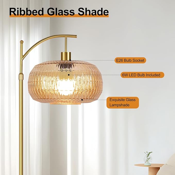 Glass Floor Lamp for Living Room,Bedroom,Gold Mid Century Modern Standing Lamp with Remote,Dimmable Brass Tall Lamp Amber Lamp Vintage Retro Arc Floor Lamps Floor Light Boho Bohemian