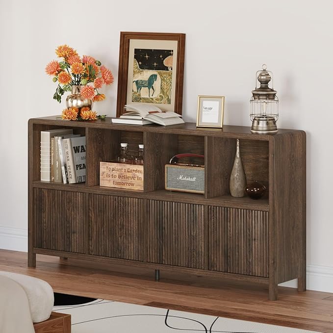 FATORRI 8 Cube Storage Organizer Bookshelf with Storage, Horizontal Bookcase with 4 Doors, Long Wooden Book Shelf for Living Room, Home Office (Dark Walnut)
