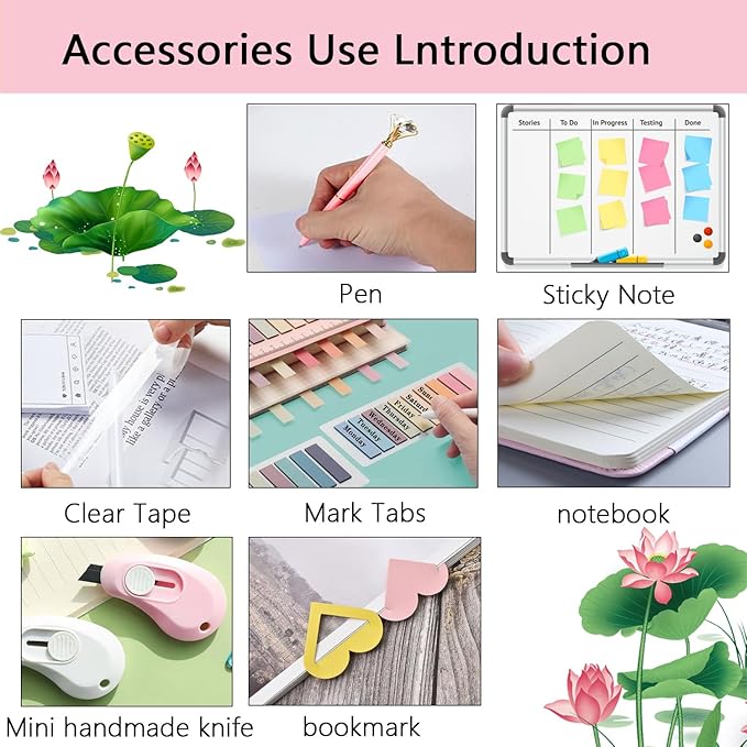 Office Supplies,Desk Accessories,with Stapler, Tape Dispenser,Desk Organizer,Folding Phone Holder,Pen,Journal Notebook,Scissor,Staple Remover,Staples,Clear Tape,Sticky Notes,Paper Clips,Bookmark,Ect
